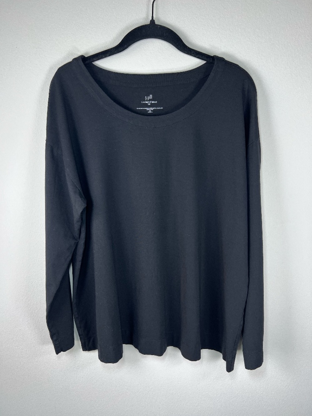 J. Jill Luxe Supima Cotton Relaxed Tee Shirt Black Boat Neck Long Sleeve Size 1X